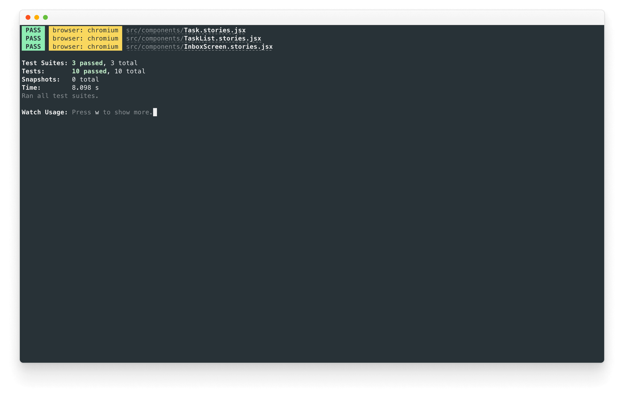 Storybook のテストランナーがすべてのテストの実行を成功させる様子